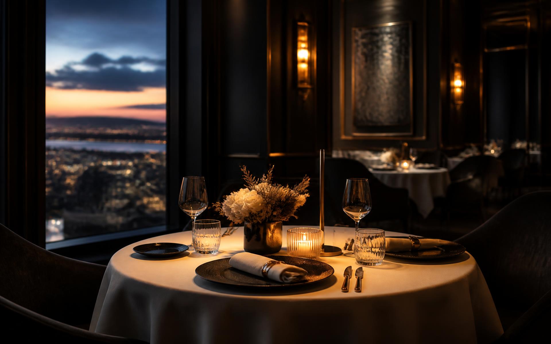 A candlelit table set for two in a fine-dining salon at dusk